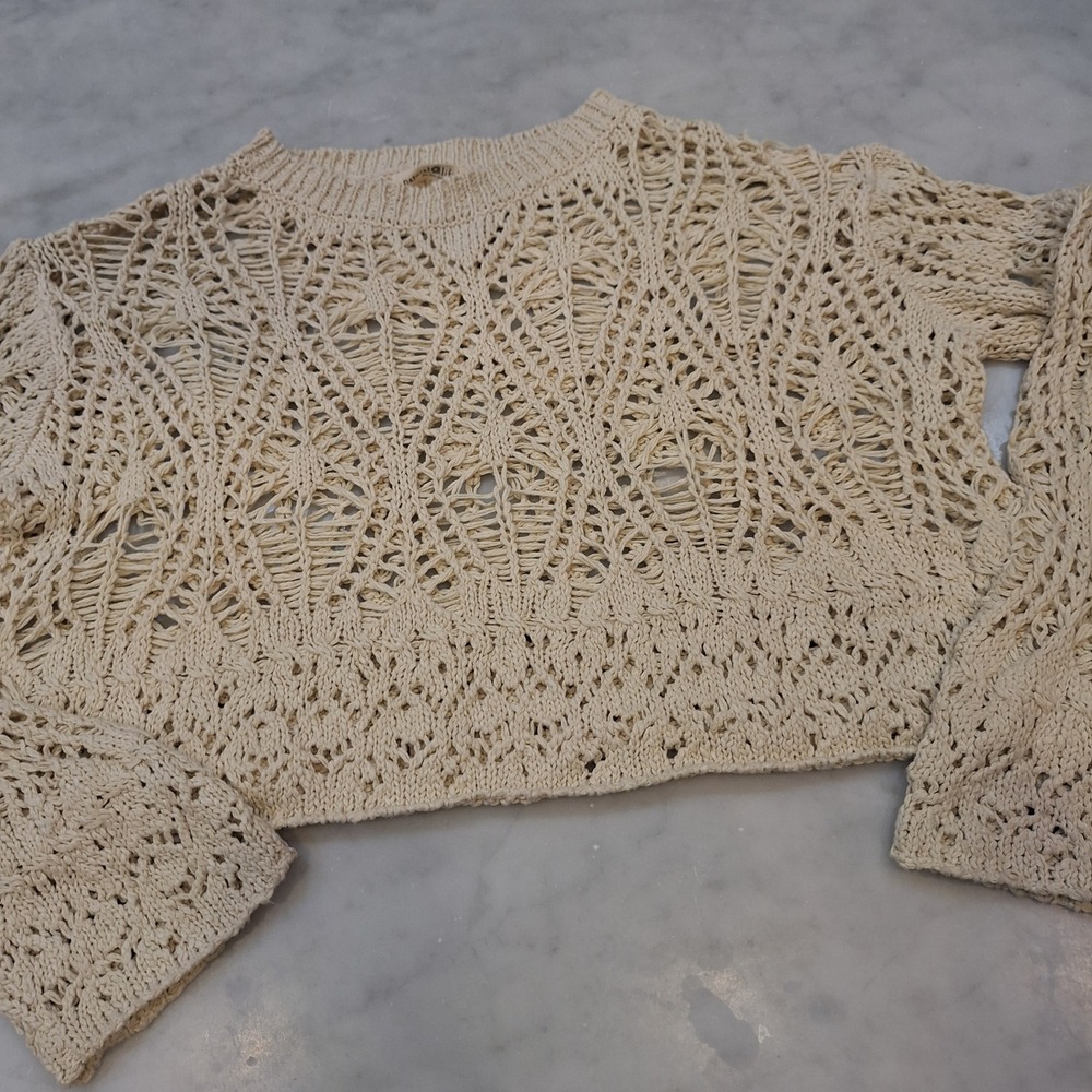 Natural Life Sweater Lg Cream Open Knit Crochet Cropped Boho Pointelle Pullover